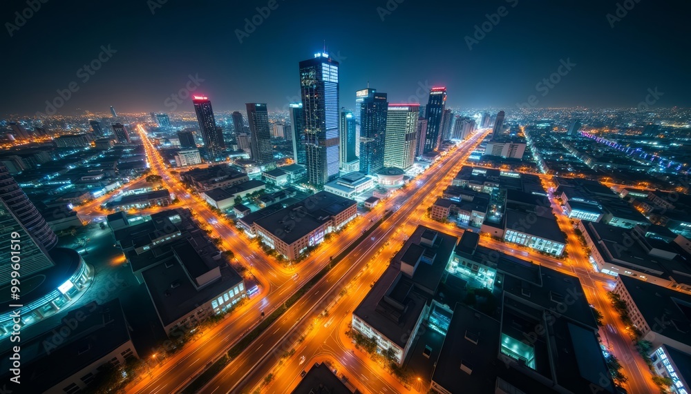 Fototapeta premium Vibrant cityscape at night illuminated by bright lights