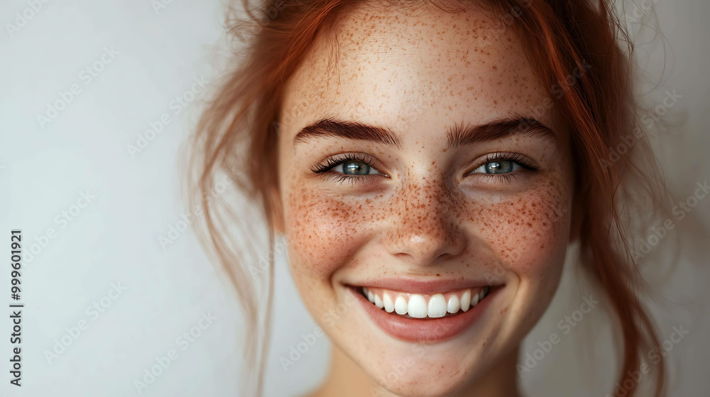 Close up portrait of a smiling woman with freckles and red hair. Close up portrait of a smiling woman with freckles and red hair.