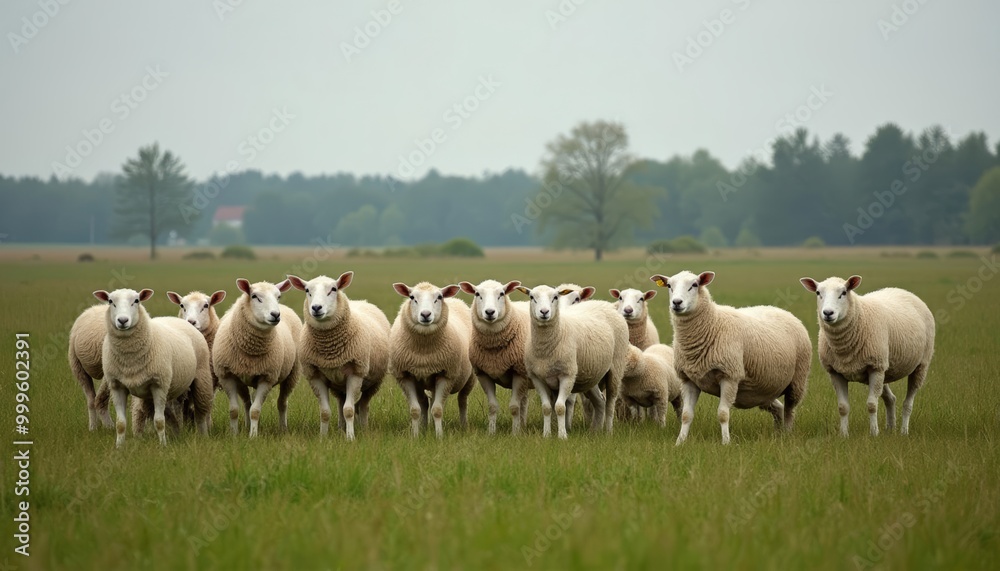 Peaceful pastoral scene with a herd of sheep in a field Peaceful pastoral scene with a herd of sheep in a field