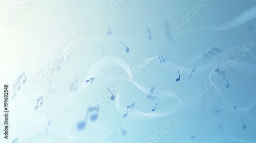 Abstract Music Notes Flowing on a Soft Blue Gradient Background.