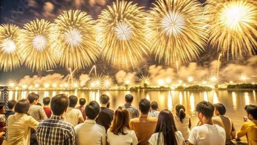 Omagari National Fireworks Competition, spectators on the riverbank with faces fascinated by the fireworks, the background of the clear night sky with various forms of fireworks photo