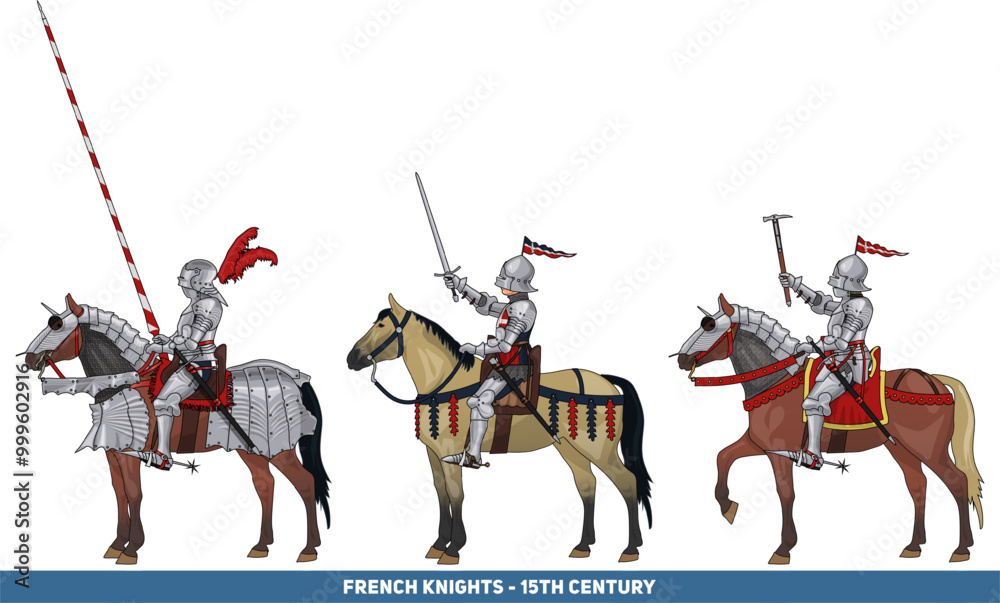 Naklejka premium Set of Three Late Medieval Knights on Horseback in Full Plate Armour and with Various Weapons, Illustration Isolated on Transparent Background, Historical, EPS 10 Vector