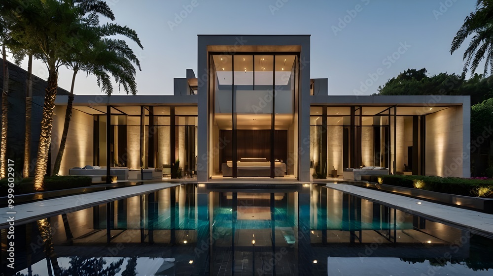 Fototapeta premium Modern luxurious mansion with a large infinity swimming pool, highlighting a rich and extravagant villa design