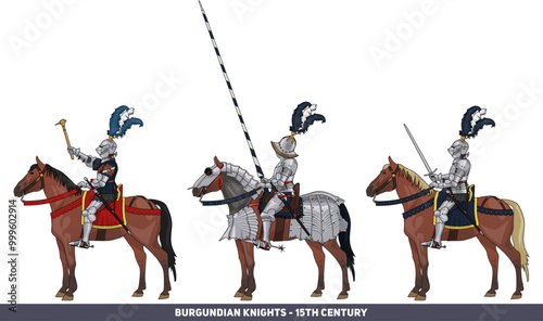 Set of Three Late Medieval Knights on Horseback in Full Plate Armour and with Various Weapons, Illustration Isolated on Transparent Background, Historical, EPS 10 Vector