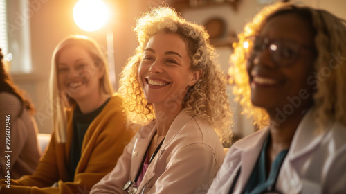 Group of healthcare professionals smiling during a meeting in a warm, well-lit setting