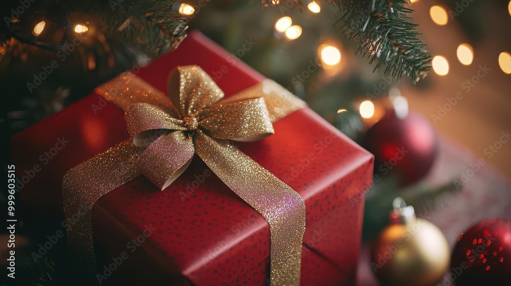 Glamorous red gift box wrapped in golden ribbon, beautifully posed under a Christmas tree with twinkling lights.