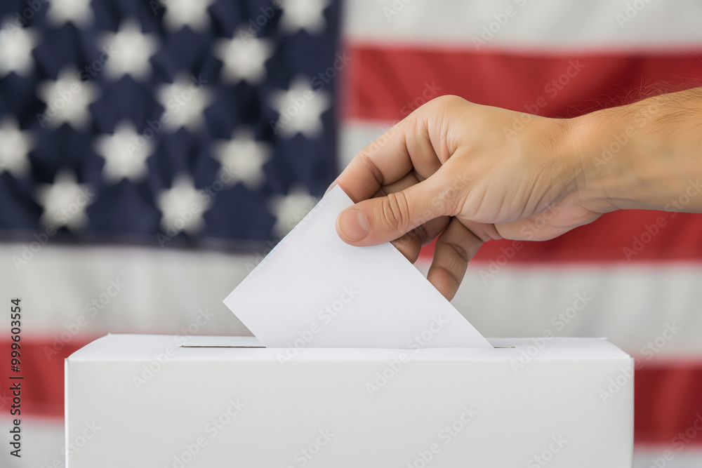 Close-up of a man's hand dropping a ballot paper into a ballot box with an American flag in the background Close-up of a man's hand dropping a ballot paper into a ballot box with an American flag in the background