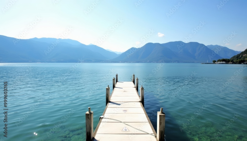 Peaceful dock on serene lake with majestic mountains in the background Peaceful dock on serene lake with majestic mountains in the background