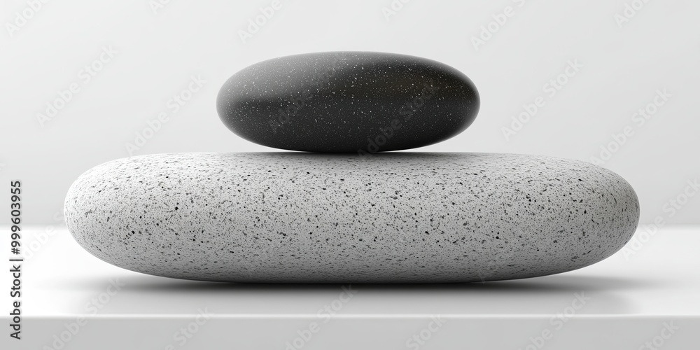 A smooth black stone with speckles rests delicately on a larger, textured white stone, showcasing a simple yet elegant composition. A smooth black stone with speckles rests delicately on a larger, textured white stone, showcasing a simple yet elegant composition.