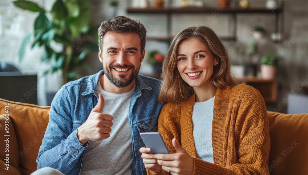 Happy couple using smartphone and gesturing thumbs up at home Happy couple using smartphone and gesturing thumbs up at home