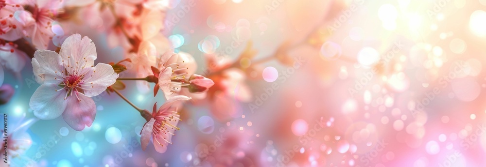Beautiful cherry blossoms on a colorful abstract background with soft bokeh effects The scene exudes springtime freshness and tranquility Beautiful cherry blossoms on a colorful abstract background with soft bokeh effects The scene exudes springtime freshness and tranquility