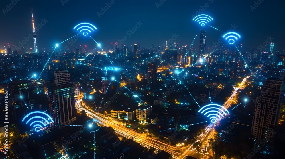 Modern city with wireless network connection and city scape concept.Wireless network and Connection technology concept with city background at night. Modern city with wireless network connection and city scape concept.Wireless network and Connection technology concept with city background at night.