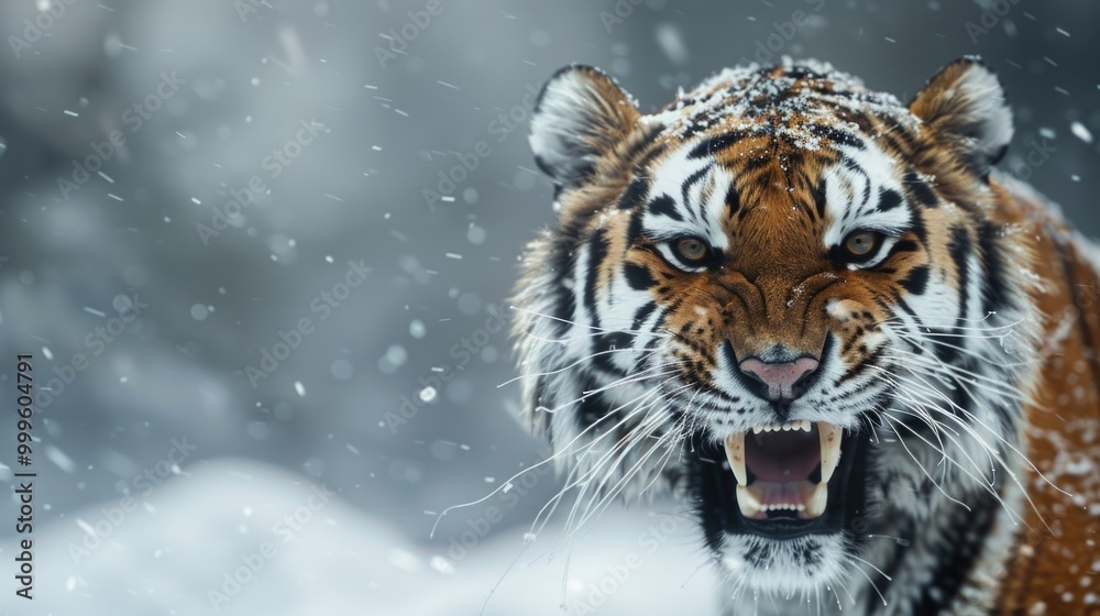 Close-up shot of a tiger's face in snowy environment, suitable for winter or nature-themed designs