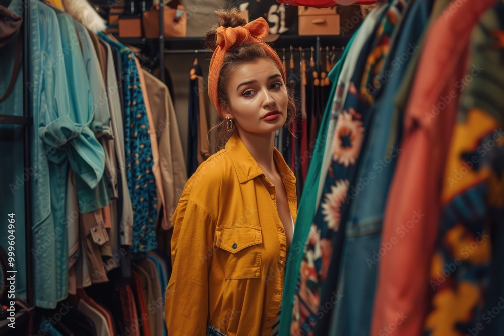 A person standing near a clothing rack with various items, perfect for personal use or commercial projects A person standing near a clothing rack with various items, perfect for personal use or commercial projects