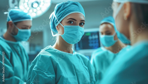 Female surgeon standing in operating room with team performing surgery