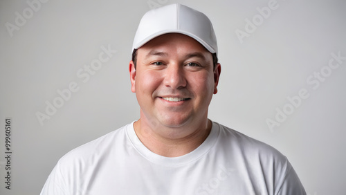 Wallpaper Mural Plus size man wearing white t-shirt and white baseball cap isolated on grey background Torontodigital.ca