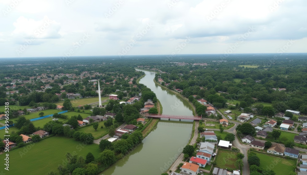 Fototapeta premium Scenic aerial view of a peaceful river town