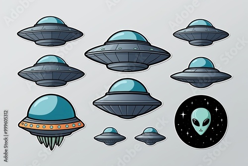 UFO Collection Isolated on White Background Featuring Flying Saucers Alien Spaceships Extraterrestrial Exploration Science Fiction Themes photo