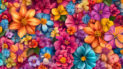 A vibrant, colorful floral pattern with close-up flowers in a variety of shapes, sizes, and colors.