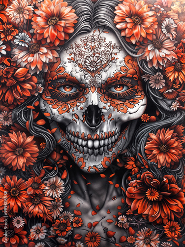 Day of the dead illustration with skull and flowers