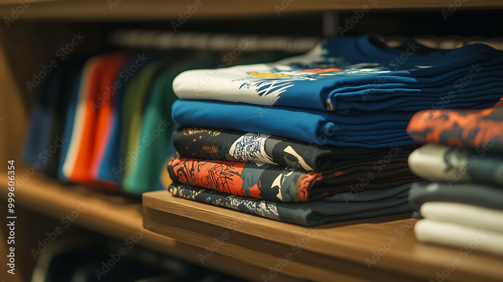 A stack of folded shirts in a clothing store. A stack of folded shirts in a clothing store.