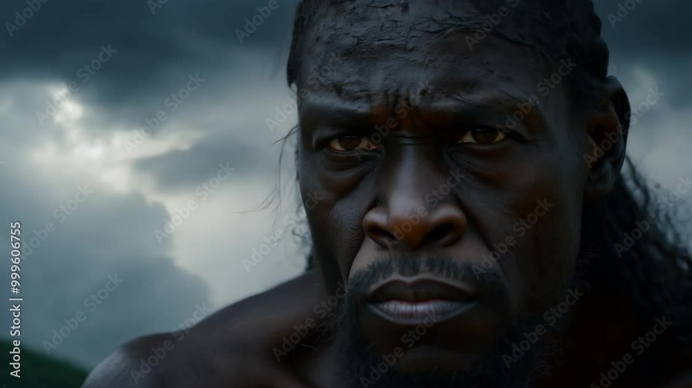 Intense expression of a man under a dramatic cloudy sky Intense expression of a man under a dramatic cloudy sky