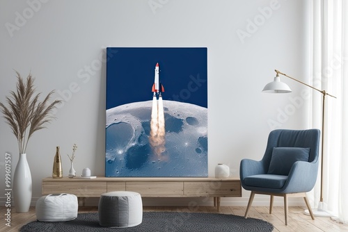 Rocket Launching Above Moon Surface Stunning Artwork on Bright White Canvas photo