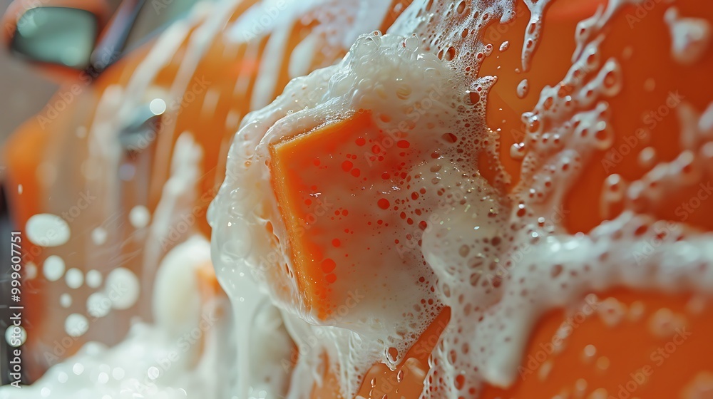 Using foam soap and a orange sponge clean the vehicle