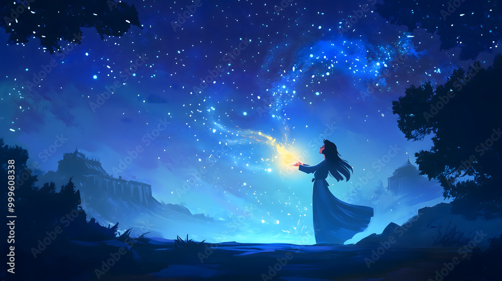 Young girl with golden magical powers flowing from her hands, enchanting elements of magic , fairy tales Young girl with golden magical powers flowing from her hands, enchanting elements of magic , fairy tales