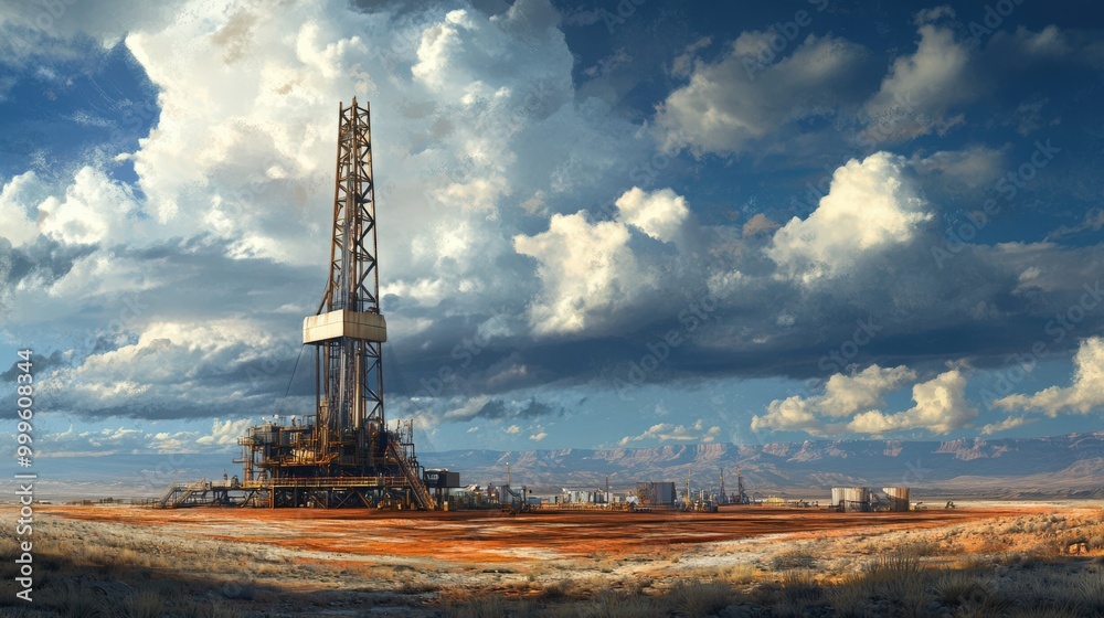 Oil And Gas Drilling. Industry Power: Onshore Desert Oil Rig with Dramatic Sky Oil And Gas Drilling. Industry Power: Onshore Desert Oil Rig with Dramatic Sky