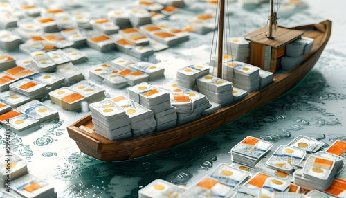 Monetary Voyage: Ship Navigating a River of Debit Cards Against a Realistic Background photo