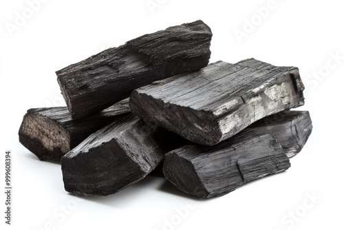 Wood Charcoal. Isolated Charcoal Piece on White Background, Natural Hardwood Material