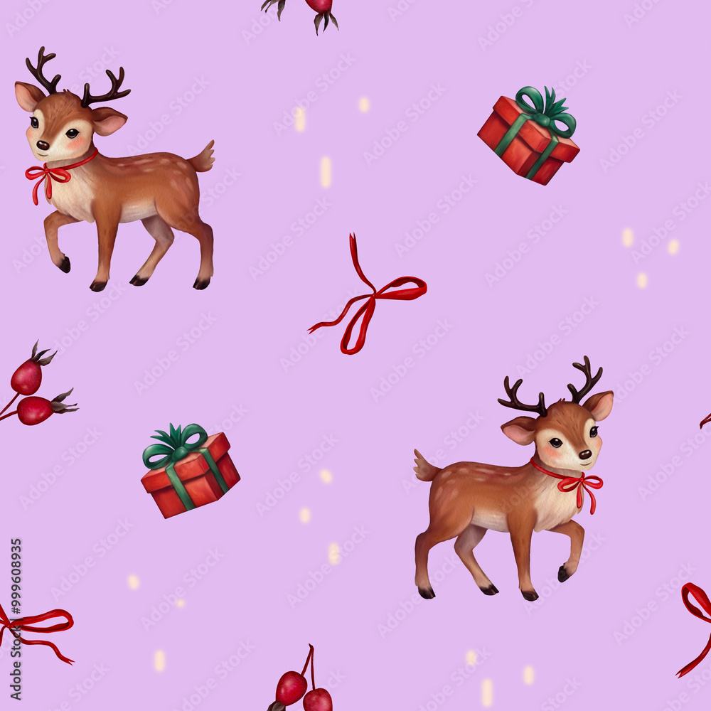 Seamless Christmas pattern featuring Rudolph reindeer, Santa Claus, Christmas tree, festive gifts, watercolor holiday design, perfect for Christmas wrapping paper, home decor, fabric, and textiles Seamless Christmas pattern featuring Rudolph reindeer, Santa Claus, Christmas tree, festive gifts, watercolor holiday design, perfect for Christmas wrapping paper, home decor, fabric, and textiles