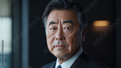 A serious-looking older man with gray hair, wearing a dark suit, gazes intently, against a softly lit background.