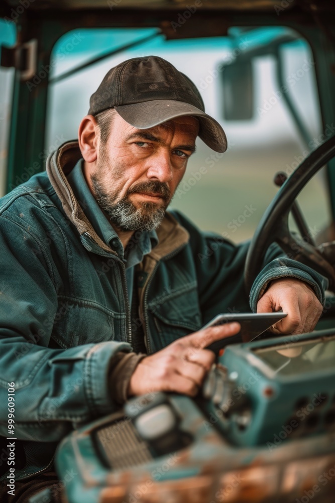 A person sits in a tractor wearing a hat, providing a rustic and rural scene A person sits in a tractor wearing a hat, providing a rustic and rural scene