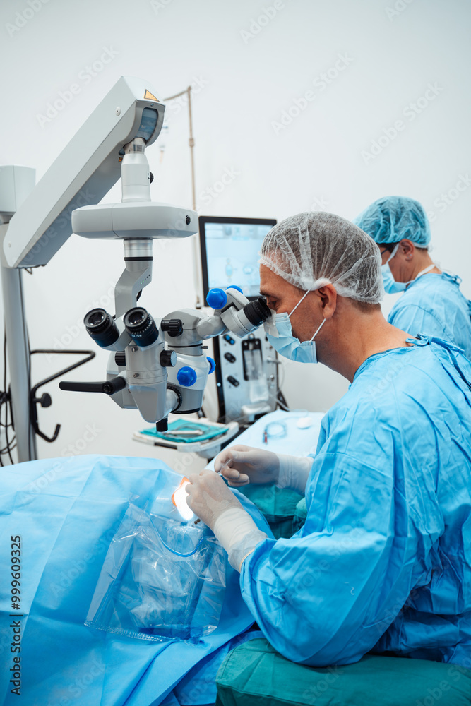 Skilled surgeon and his medical team performs precise eye surgery on an elderly patient, restoring vision with latest medical technology and cutting-edge techniques. Modern eye surgery concept. Skilled surgeon and his medical team performs precise eye surgery on an elderly patient, restoring vision with latest medical technology and cutting-edge techniques. Modern eye surgery concept.