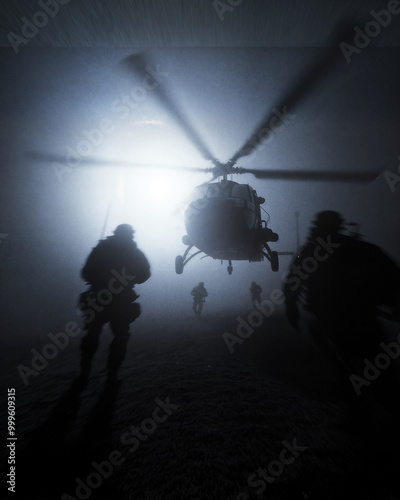 Soldiers waiting for helicopter extraction at night photo