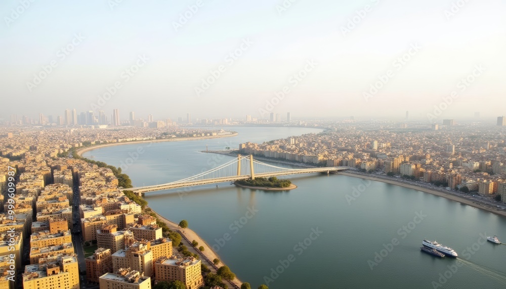 Fototapeta premium Vibrant cityscape meets serene river under a bridge