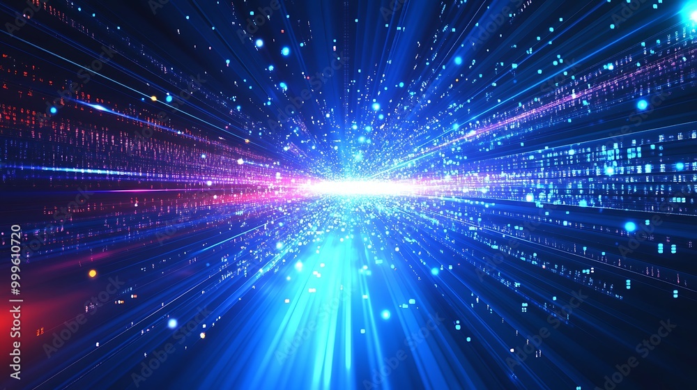 Naklejka premium Abstract digital background with glowing lines and particles, representing speed, data, and technology.