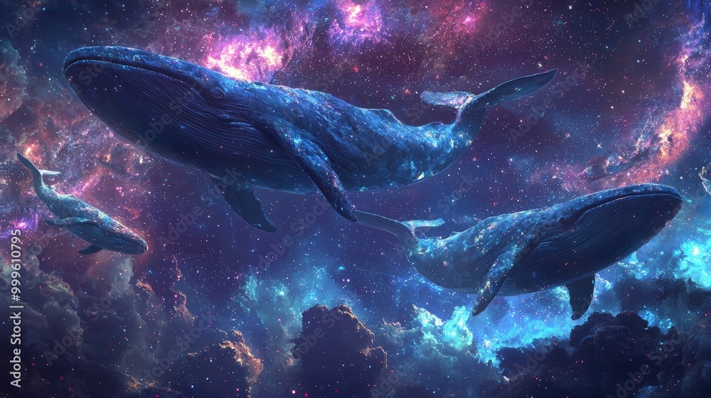 Fototapeta premium Cosmic Whales Soaring Through the Vast Space Ocean