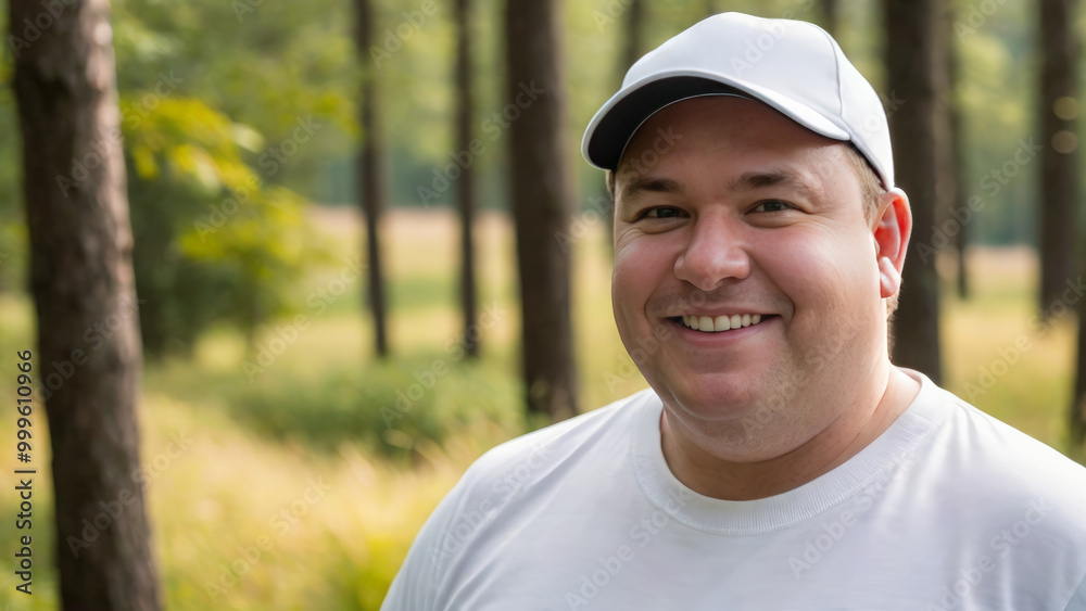 Plus size man wearing white t-shirt and white baseball cap standing in nature Plus size man wearing white t-shirt and white baseball cap standing in nature