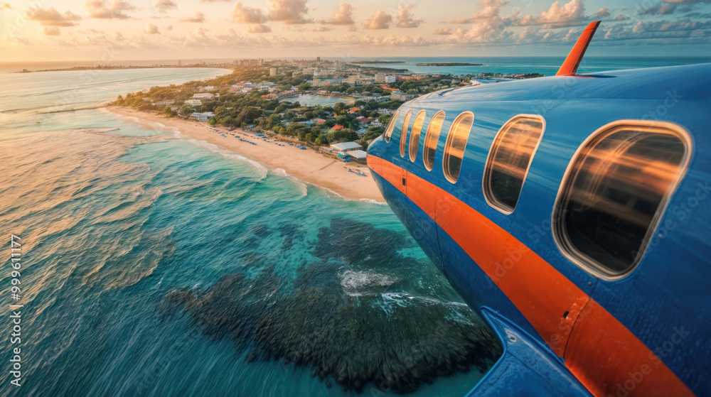 Aerial view airplane and beautiful tropical beach sunset time. Idyllic ocean island paradise with jet flying blue sea lagoon. Luxury travel vacation destinations. seascape with sand, sunlight Aerial view airplane and beautiful tropical beach sunset time. Idyllic ocean island paradise with jet flying blue sea lagoon. Luxury travel vacation destinations. seascape with sand, sunlight
