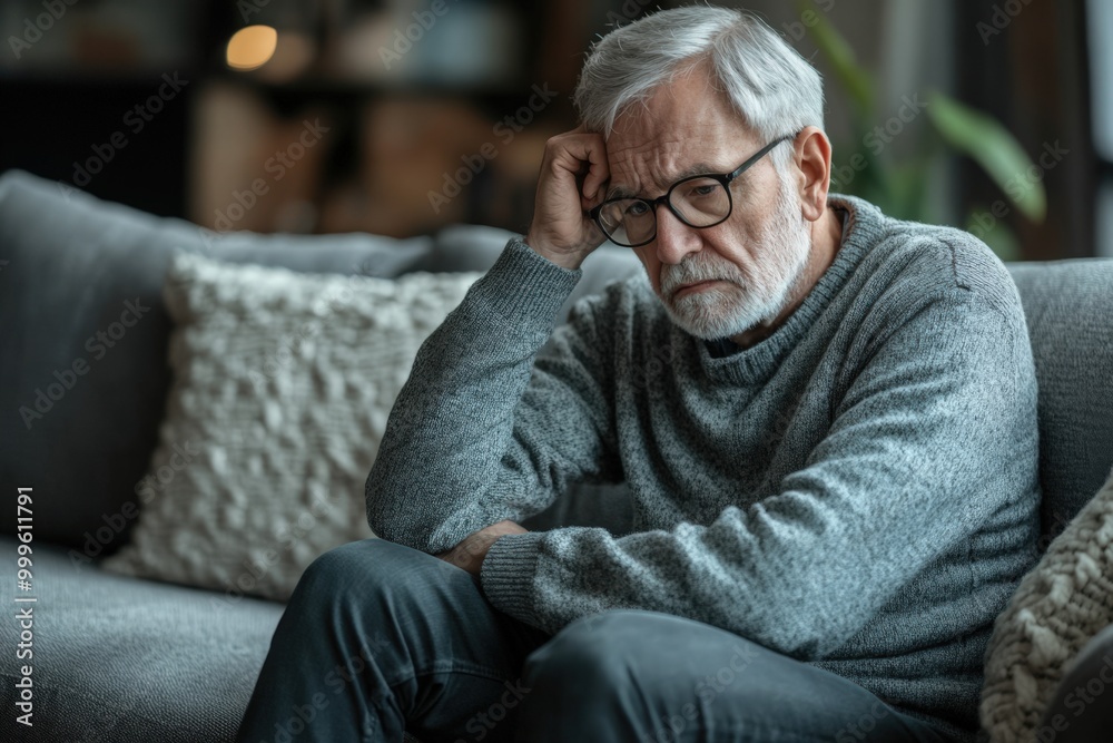 Worried Senior Man Sitting on Sofa in Casual Attire at Home Worried Senior Man Sitting on Sofa in Casual Attire at Home