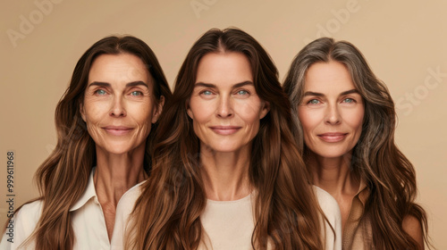 Three women with long hair showcasing different expressions against a neutral background