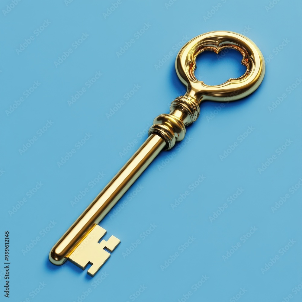 Gold Real Estate Key. Blue Three-Dimensional Castle Key for Elegant Home Security Gold Real Estate Key. Blue Three-Dimensional Castle Key for Elegant Home Security