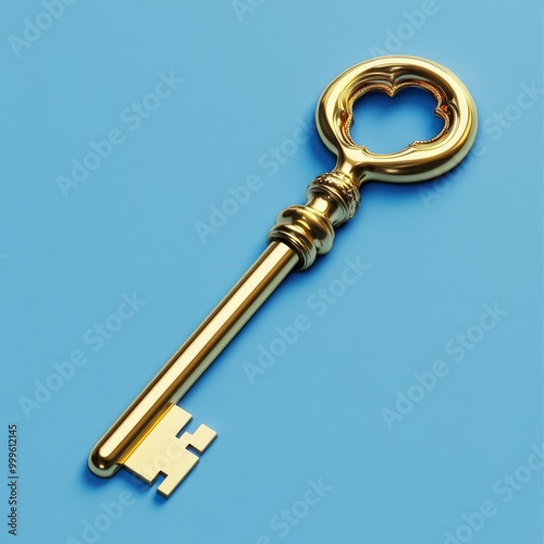 Gold Real Estate Key. Blue Three-Dimensional Castle Key for Elegant Home Security