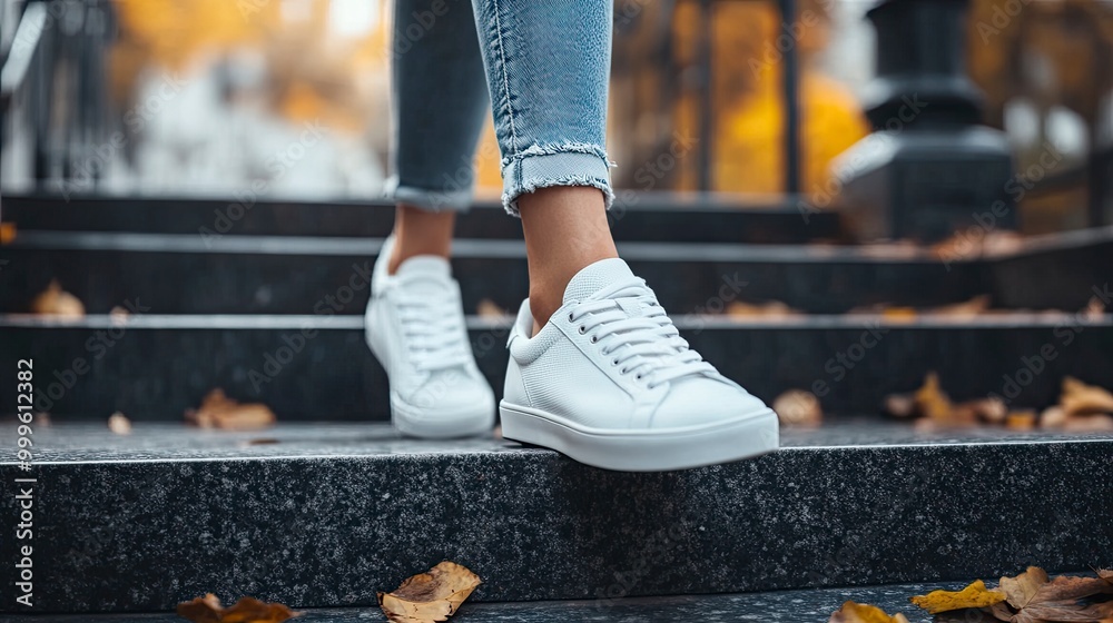 A girl walks in the city, steps of a staircase, close-up view of her feet with stylish white sneakers on, comfortable casual shoes. with generative ai A girl walks in the city, steps of a staircase, close-up view of her feet with stylish white sneakers on, comfortable casual shoes. with generative ai