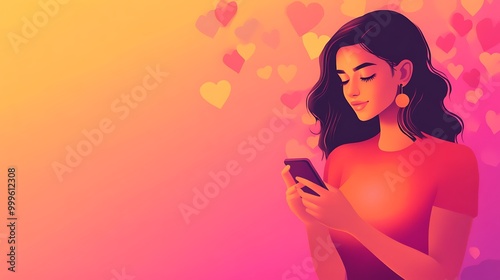 Woman with dark hair and red shirt smiling while looking at her phone. Hearts are floating in the background.