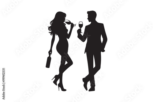 Young male and female drinking wine silhouette vector illustration