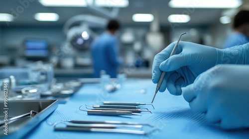 Dental instruments are sterilized by the hands of the hygienist wearing gloves in preparation for the patient. photo